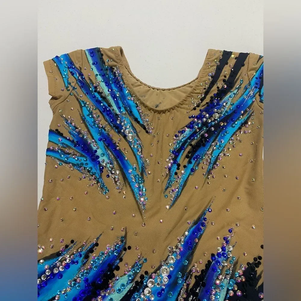 Custom solo dance ice skating rhythmic costume blue ombre rhinestoned dress MC